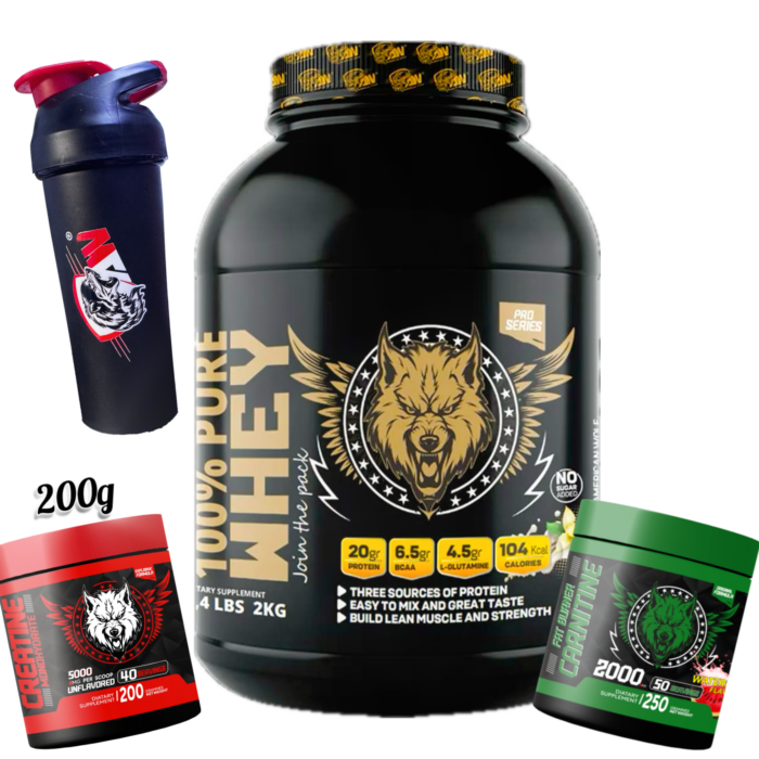 Pure whey American wolf 2kg + creatine 200g American wolf + carnitine American wolf + shaker