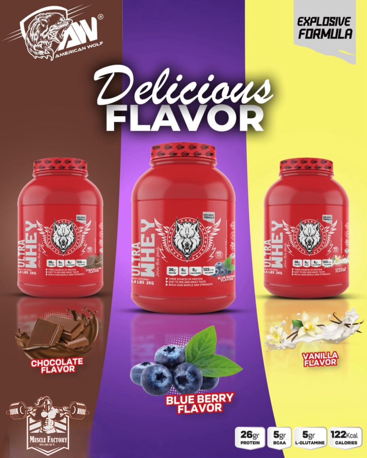 American Wolf Ultra Whey Protein Powder – Chocolate, Blueberry and Vanilla flavors – 26g protein, 5g BCAA, 5g L-Glutamine, 122 calories