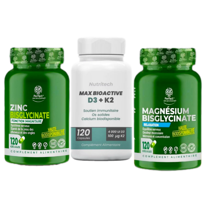 Vitamine D3 K2 60 Capsules Tunisie nutritech +Magnésium Bisglycinate – 120 capsules perfect +Zinc Bisglycinate – 120 capsules perfect